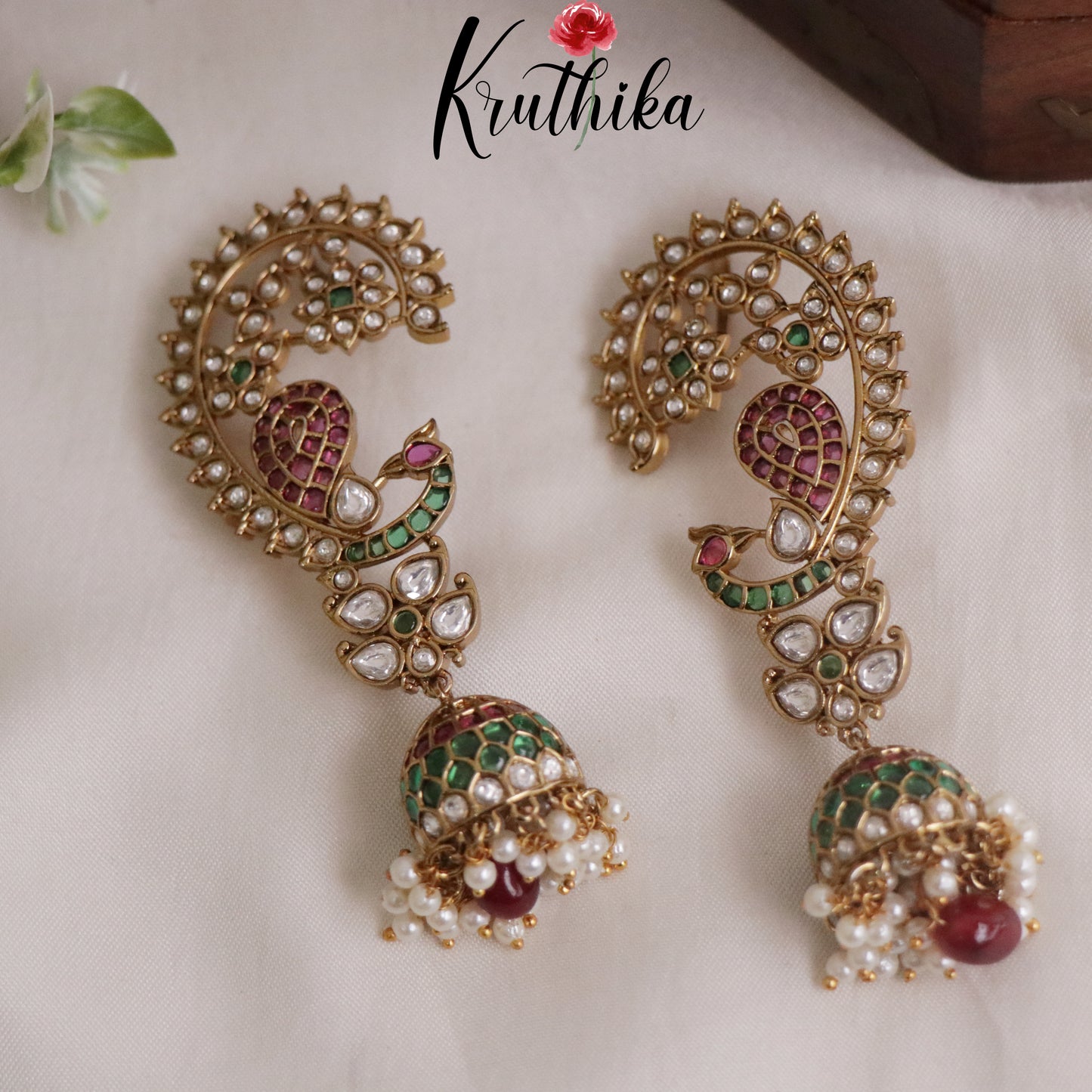 Beautiful Kemp Mayura Earcuff with Jhumkas E468 (Available in 2 Colours)