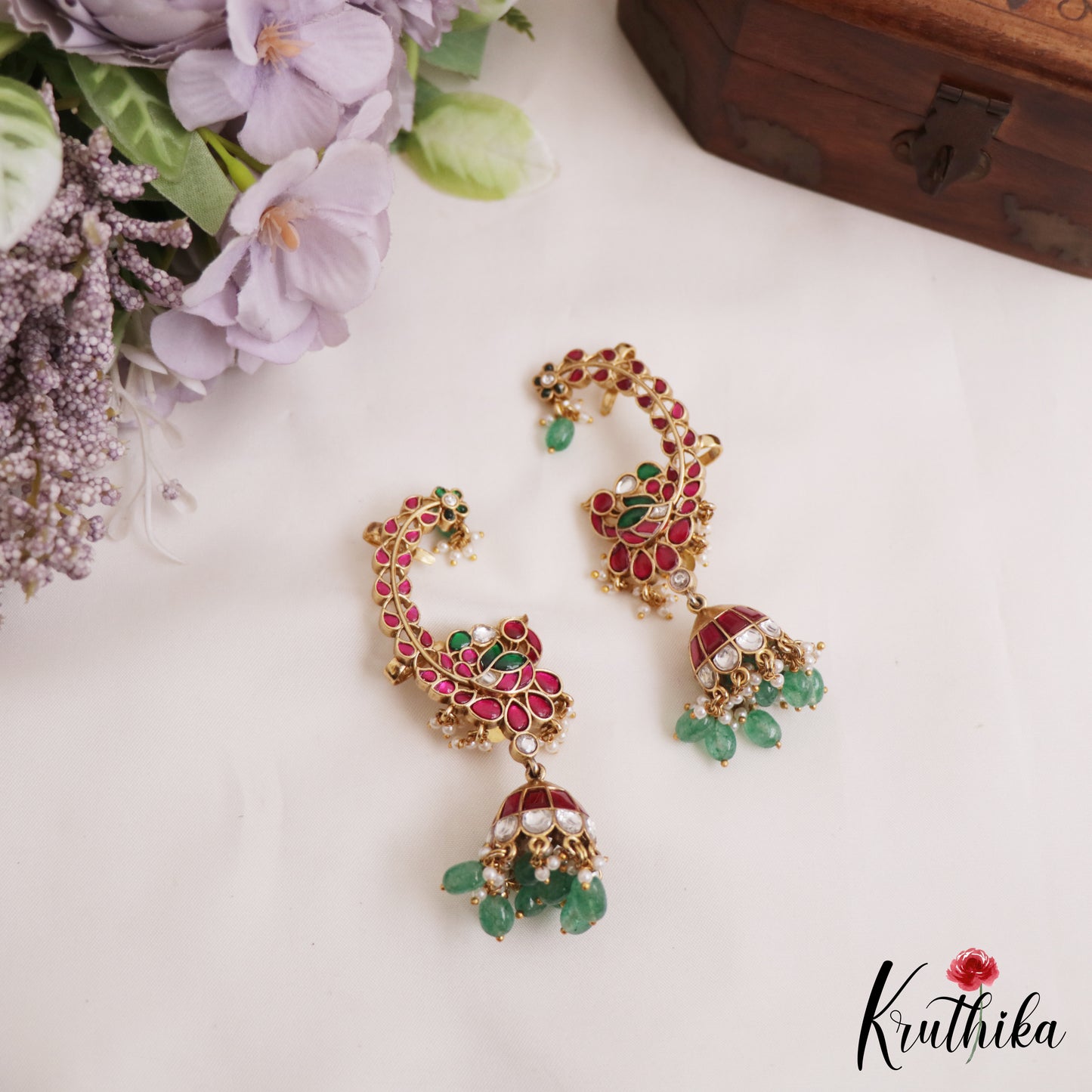 Premium Peacock Motifs Jadau Earcuff With Jhumkas E1007