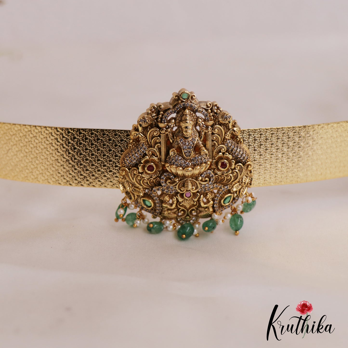 Beautiful Antique Lakshmi Motifs AD Hip Belt With Green Bead Drops V340