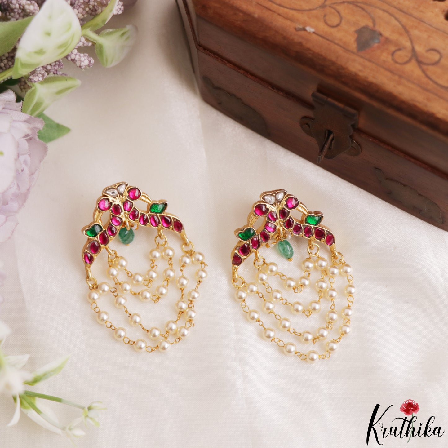 Pretty Peacock Motifs Multi Pearl Strand Jadau Earrings E1217