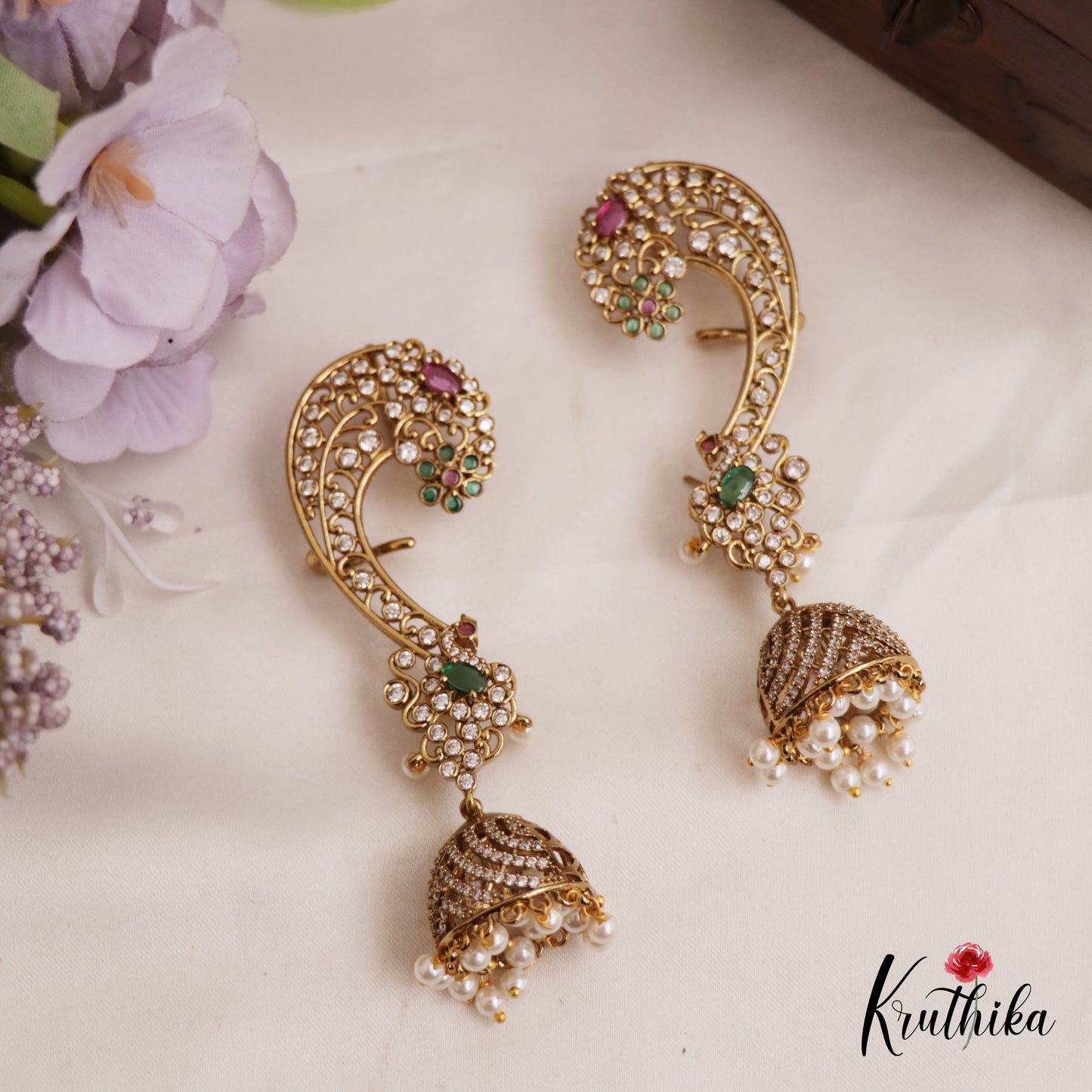 Classic Floral Motifs AD Ear Cuff With Jhumka  E989