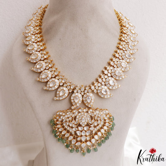 Royal Mango Peacock Motifs Jadau Haaram With Green Bead Drops LH2142