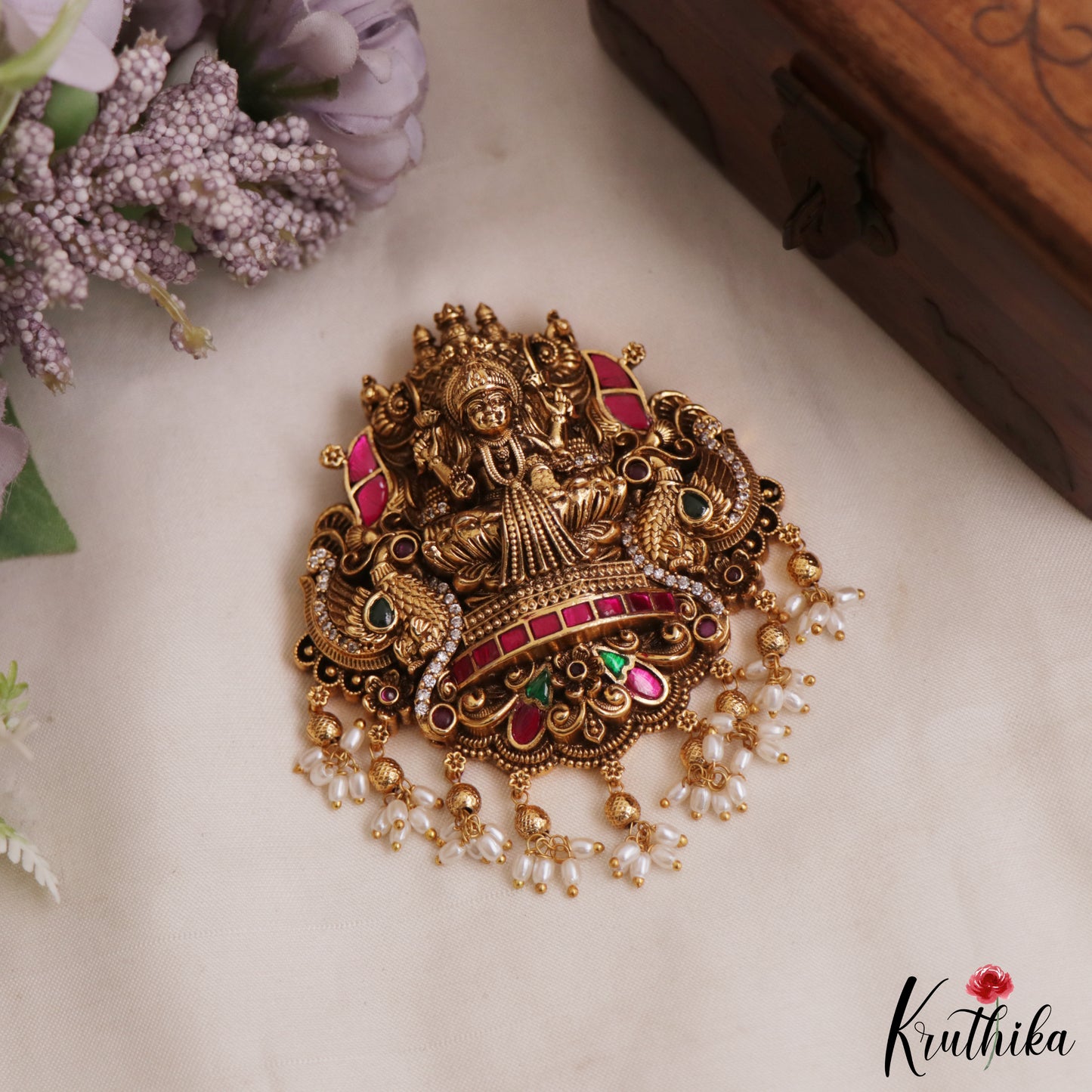 Gorgeous Antique Nagas Lakshmi Peacock Motifs Jadau Pendant Set With Rice Pearl Drops PS294