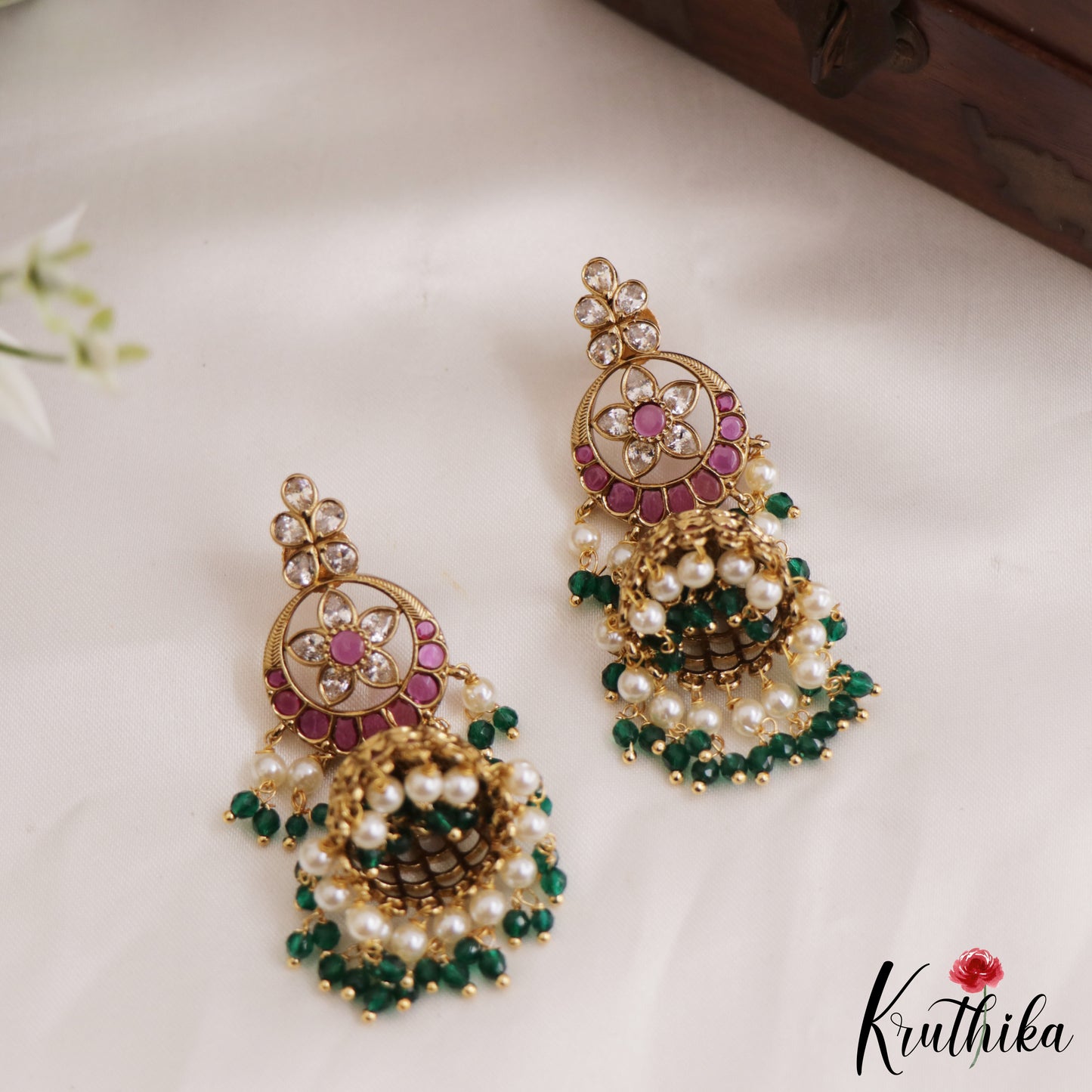 Gorgeous AD Floral Jhumka Earrings With Pearl And Beads Drops E877 (Available In 4 Colors)