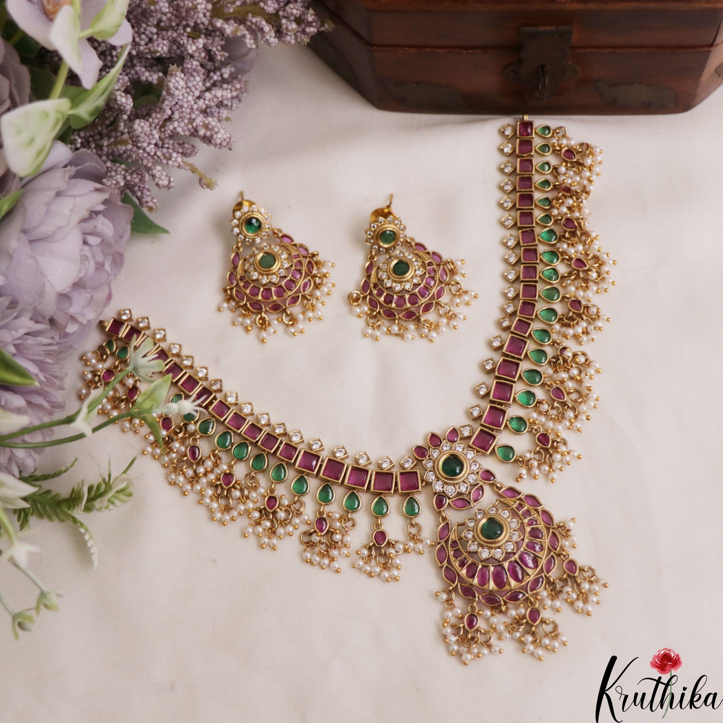 Premium Floral Square Motifs Jadau Guttapoosalu Necklace NC2939
