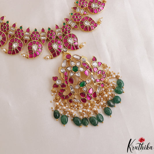 Premium Mango Floral Motifs Jadau Haaram With Green Bead Drops LH2144