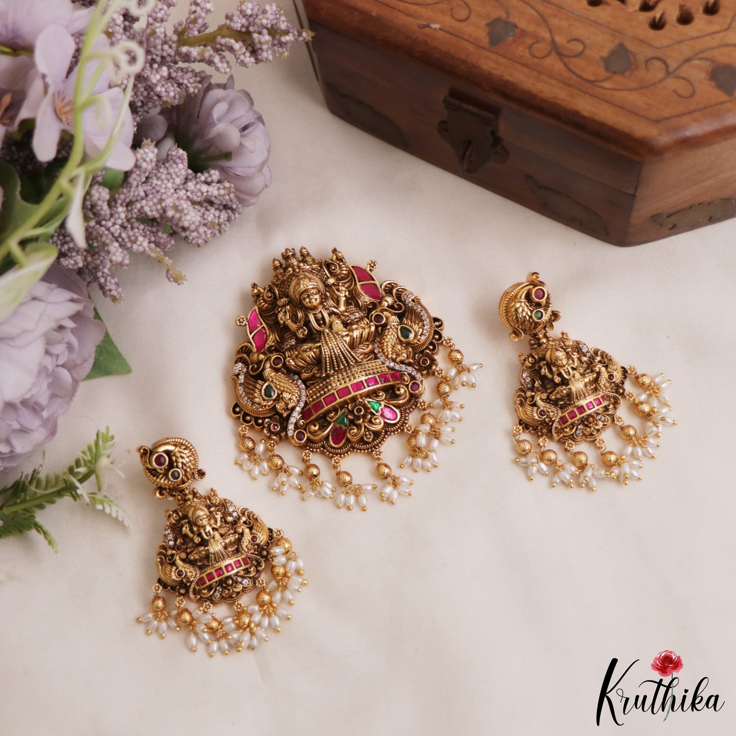 Gorgeous Antique Nagas Lakshmi Peacock Motifs Jadau Pendant Set With Rice Pearl Drops PS294
