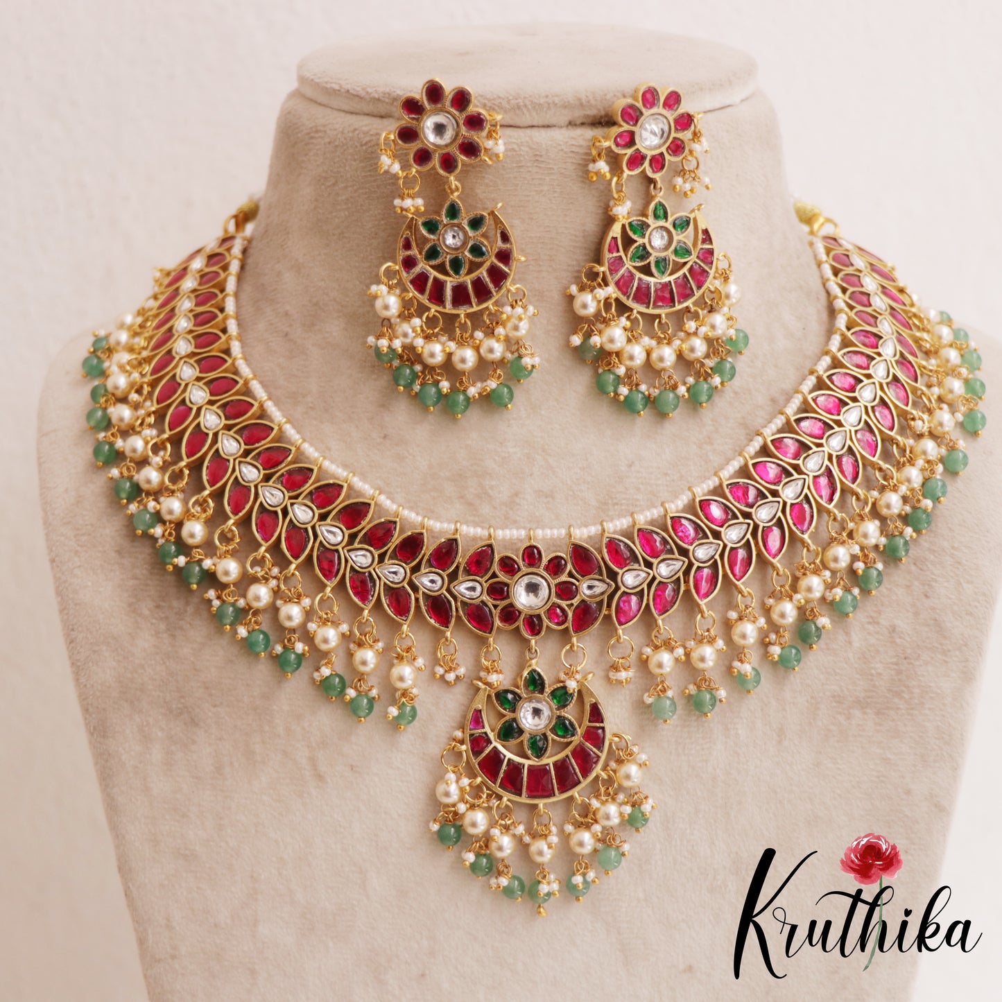 Premium Floral Leaf Motifs Jadau Choker With Green Bead Drops NC2895