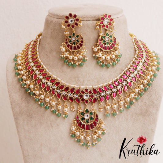 Premium Floral Leaf Motifs Jadau Choker With Green Bead Drops NC2895