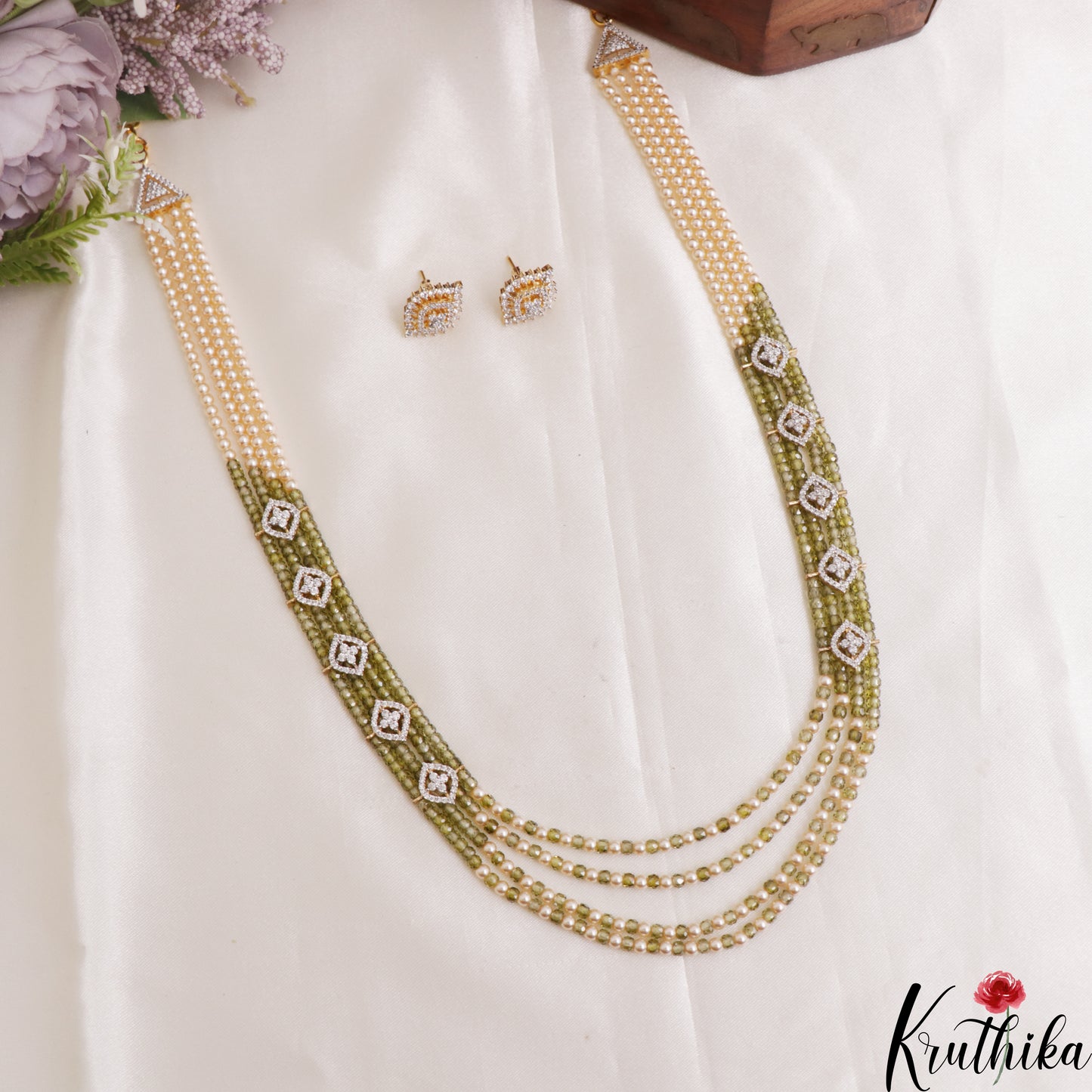 Classic Multi Layered Crystal & Pearl Haaram With Floral Accents LH2128