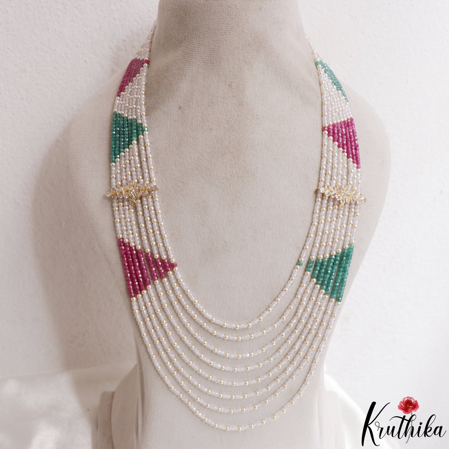 Stunning Multi Layered Crystal & Pearl Haaram With Floral Accents LH2153 (Available In 3 Colors)