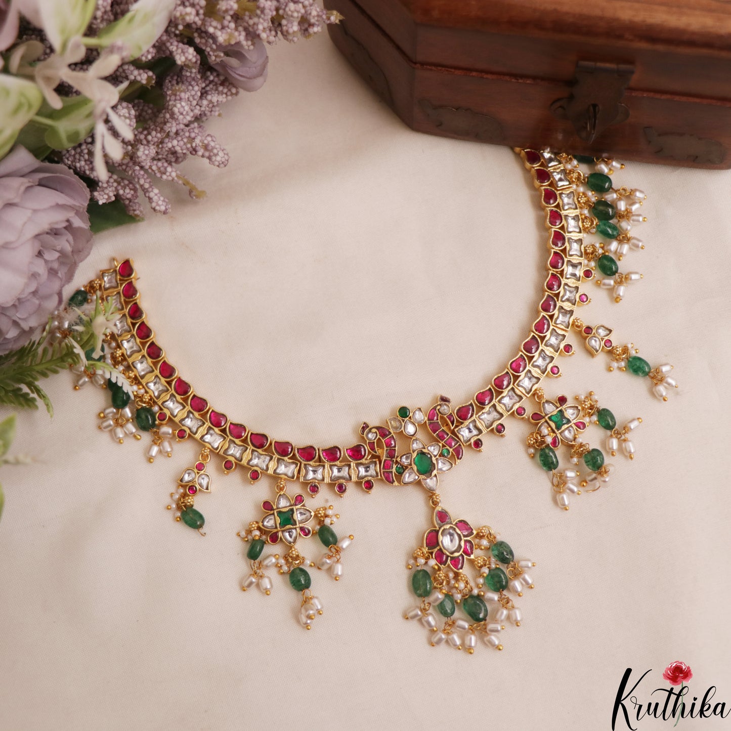 Classic Floral Peacock Motifs Jadau Choker With Pearl Bead Drops NC2999
