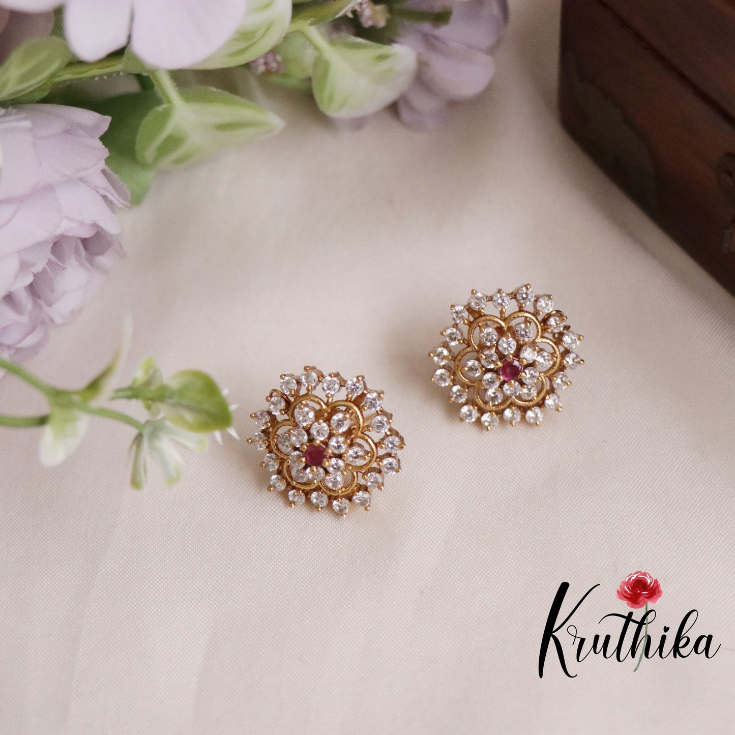Trendy CZ Floral Design Ear Studs E612  (Available in 2 Colours)
