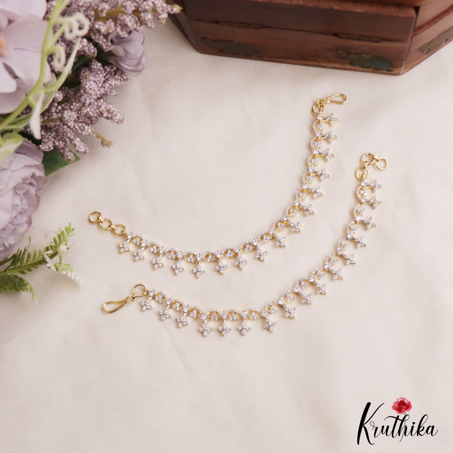 Elegant Floral Motifs Gold-Tone CZ Earchains EC215