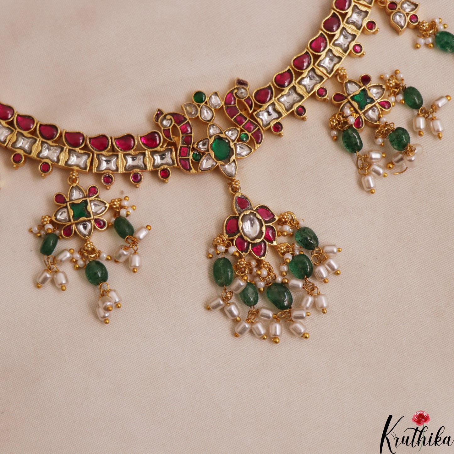 Classic Floral Peacock Motifs Jadau Choker With Pearl Bead Drops NC2999