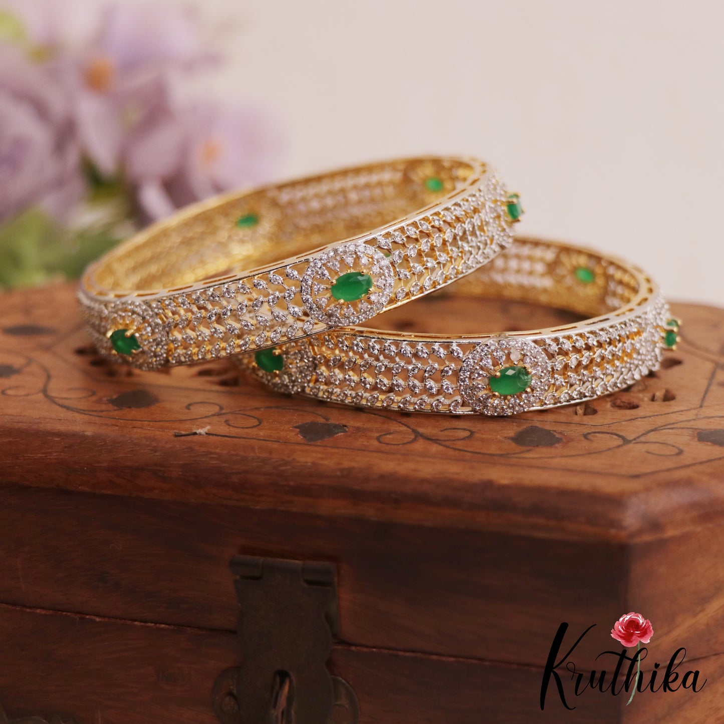 Beautiful Floral Leaf Motifs Diamond-Finish Gold-Tone Bangles B497 (Set of 2)|(Available In 2 Colors)