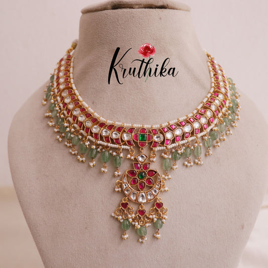Elegant floral jadau necklace with pastel green beads NC1950
