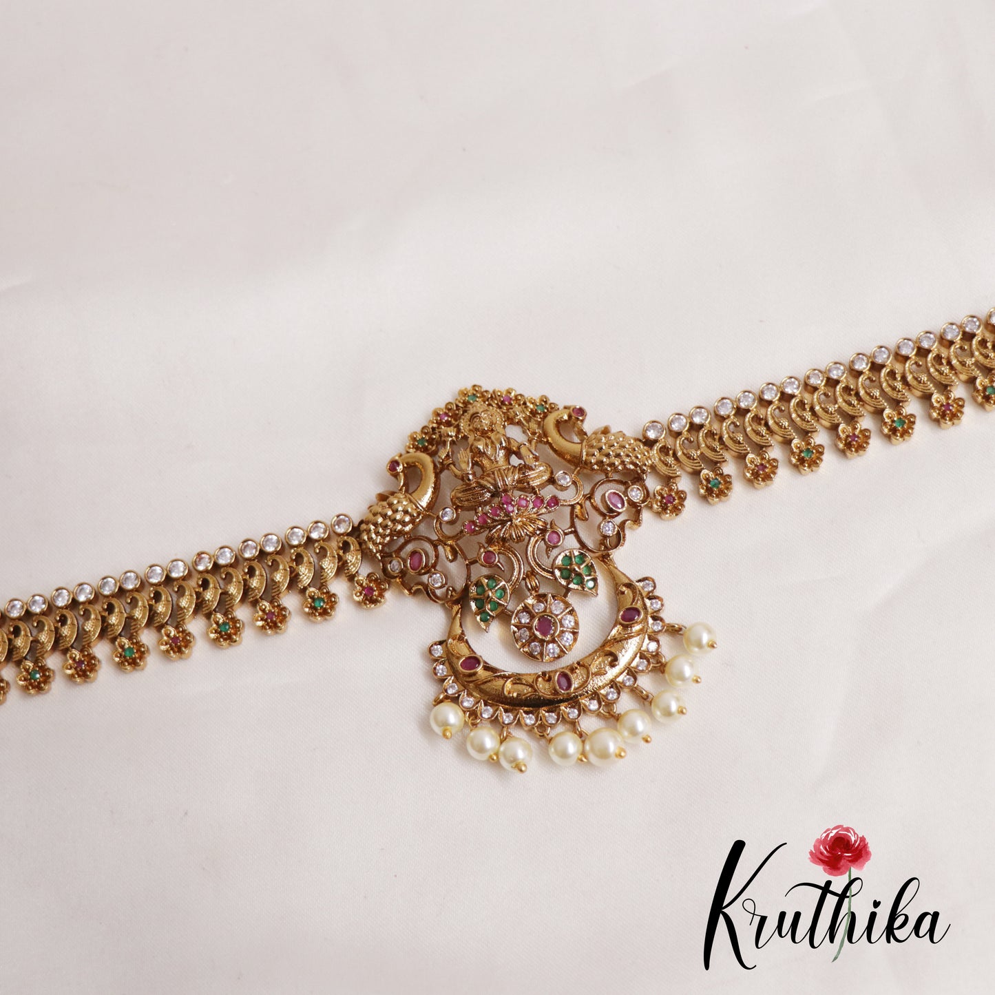Elegant Kemp Temple Lakshmi Peacock Hip Chain with Pearl Drops V307