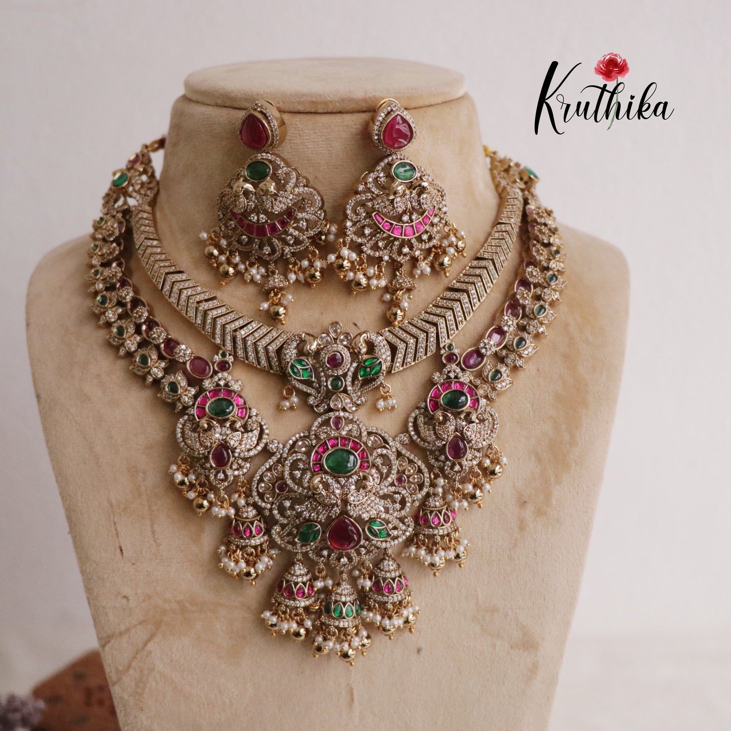 Royal Bridal Peacock Antique Jadau Necklace and Jhumka Drops NC2187 (Available in 2 Colours)