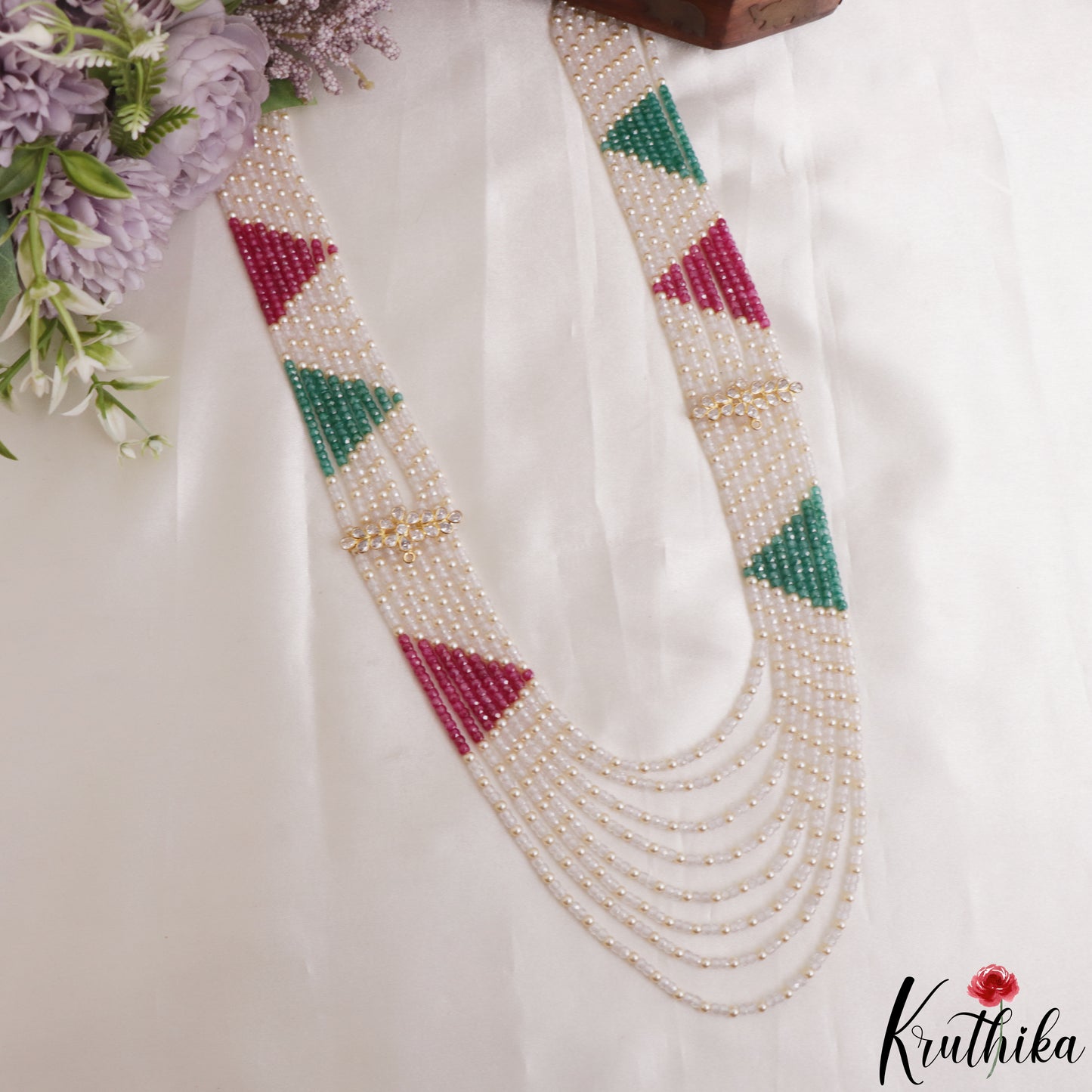 Stunning Multi Layered Crystal & Pearl Haaram With Floral Accents LH2153 (Available In 3 Colors)