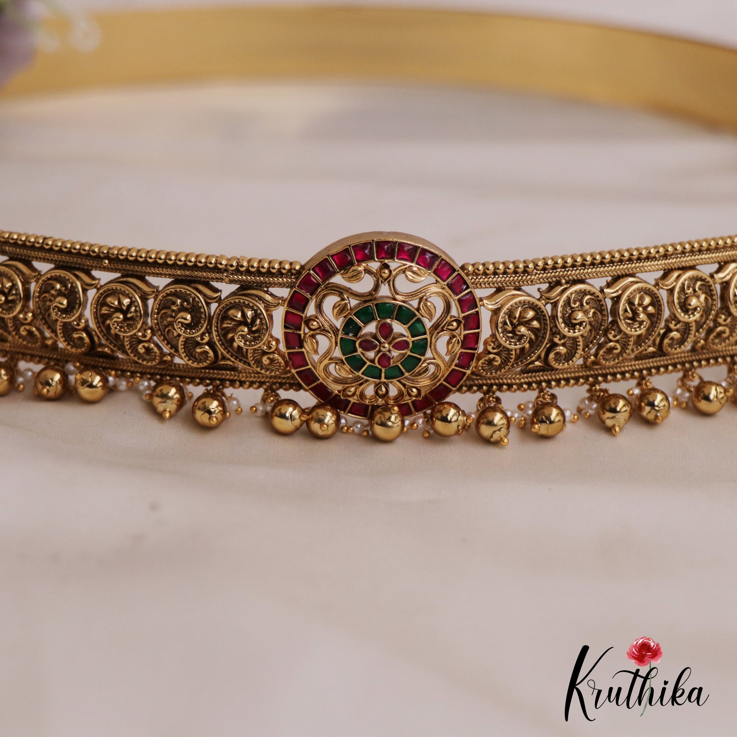 Beautiful Mango Floral Kemp Motifs Hip Belt With Golden Bead Drops V339 (Available In 2 Colors)