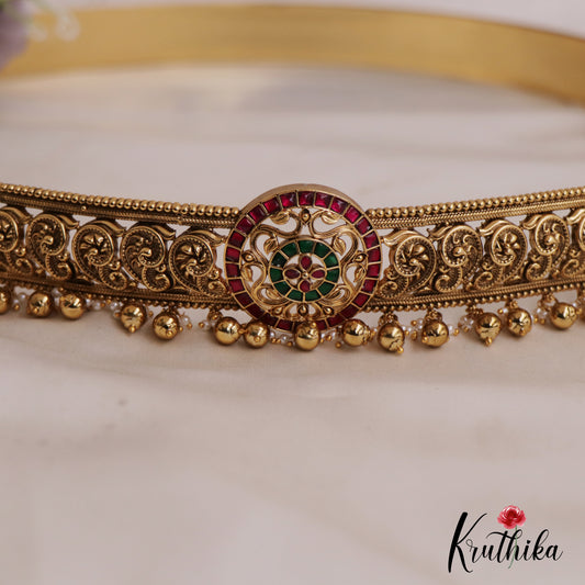 Beautiful Mango Floral Kemp Motifs Hip Belt With Golden Bead Drops V339 (Available In 2 Colors)