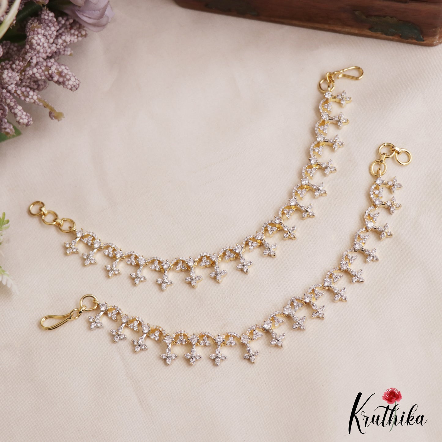 Elegant Floral Motifs Gold-Tone CZ Earchains EC215