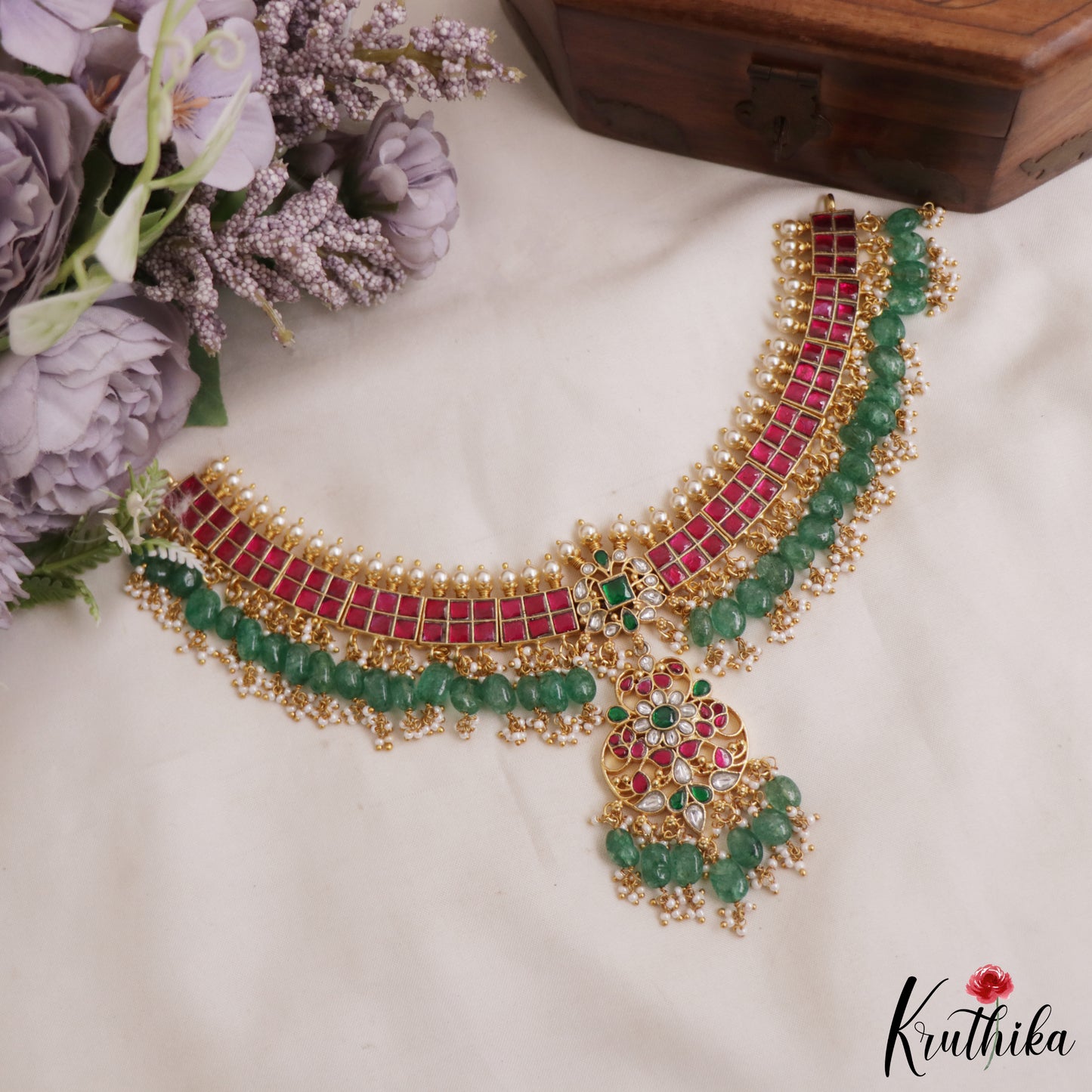 Premium Floral Motifs Jadau Choker With Green Bead Drops NC2979