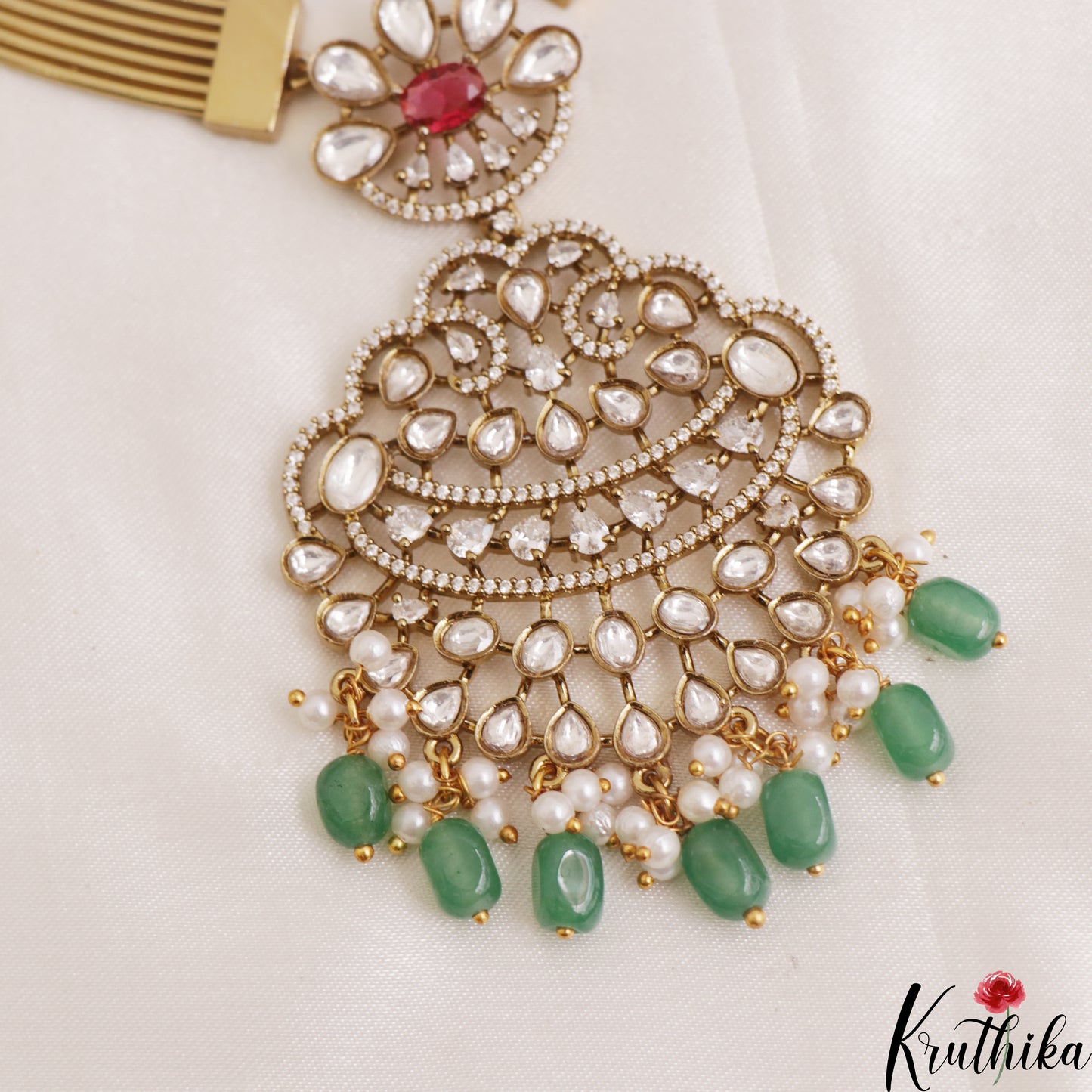 Sparkling Floral Teardrop Motifs Hasli CZ Necklace With Green Bead Drops NC3076