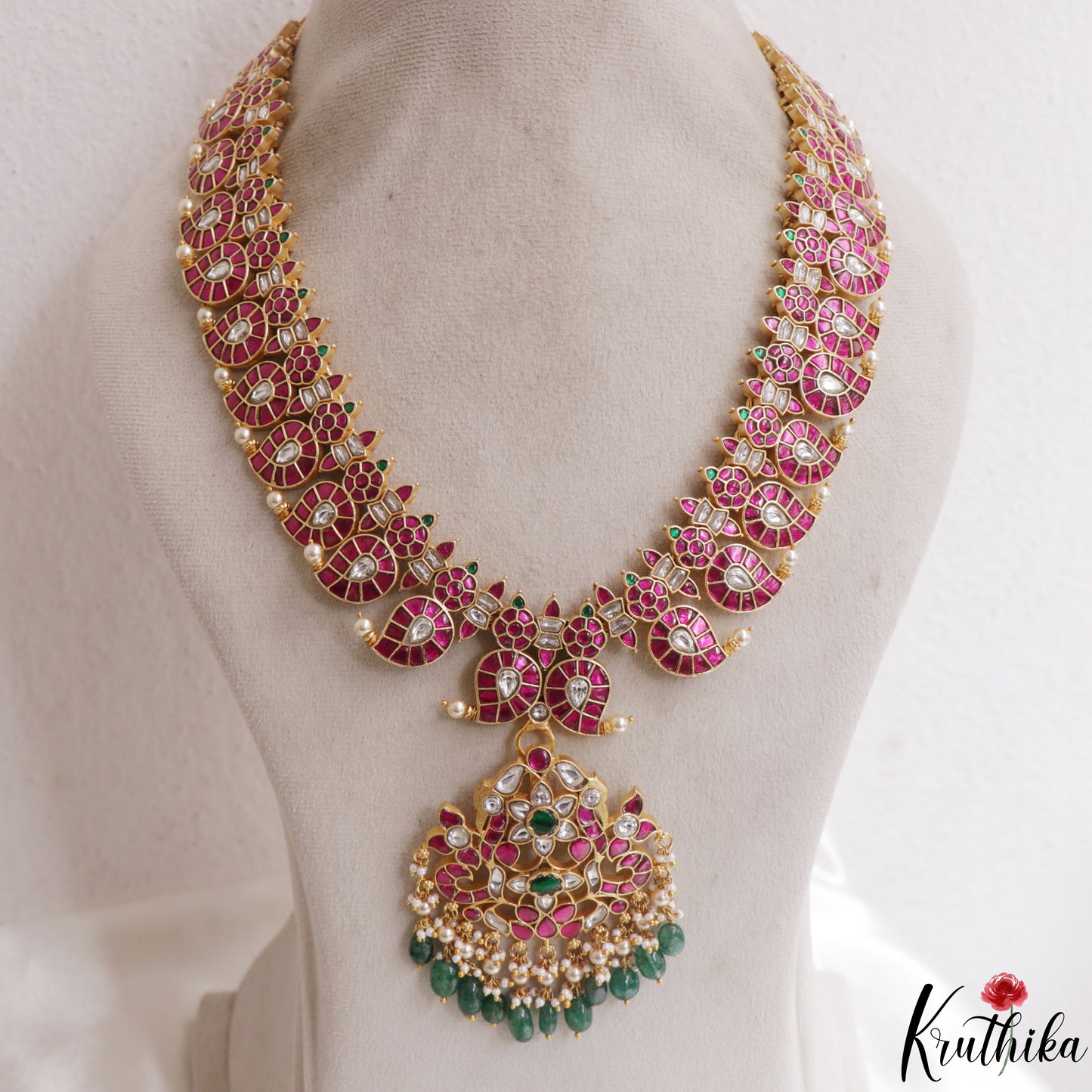 Premium Mango Floral Motifs Jadau Haaram With Green Bead Drops LH2144