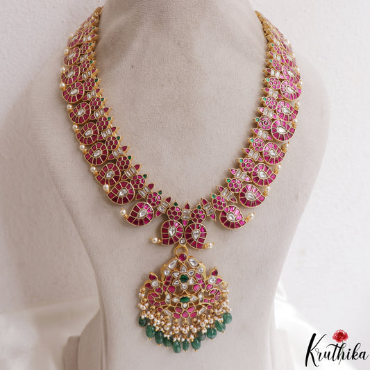 Premium Mango Floral Motifs Jadau Haaram With Green Bead Drops LH2144