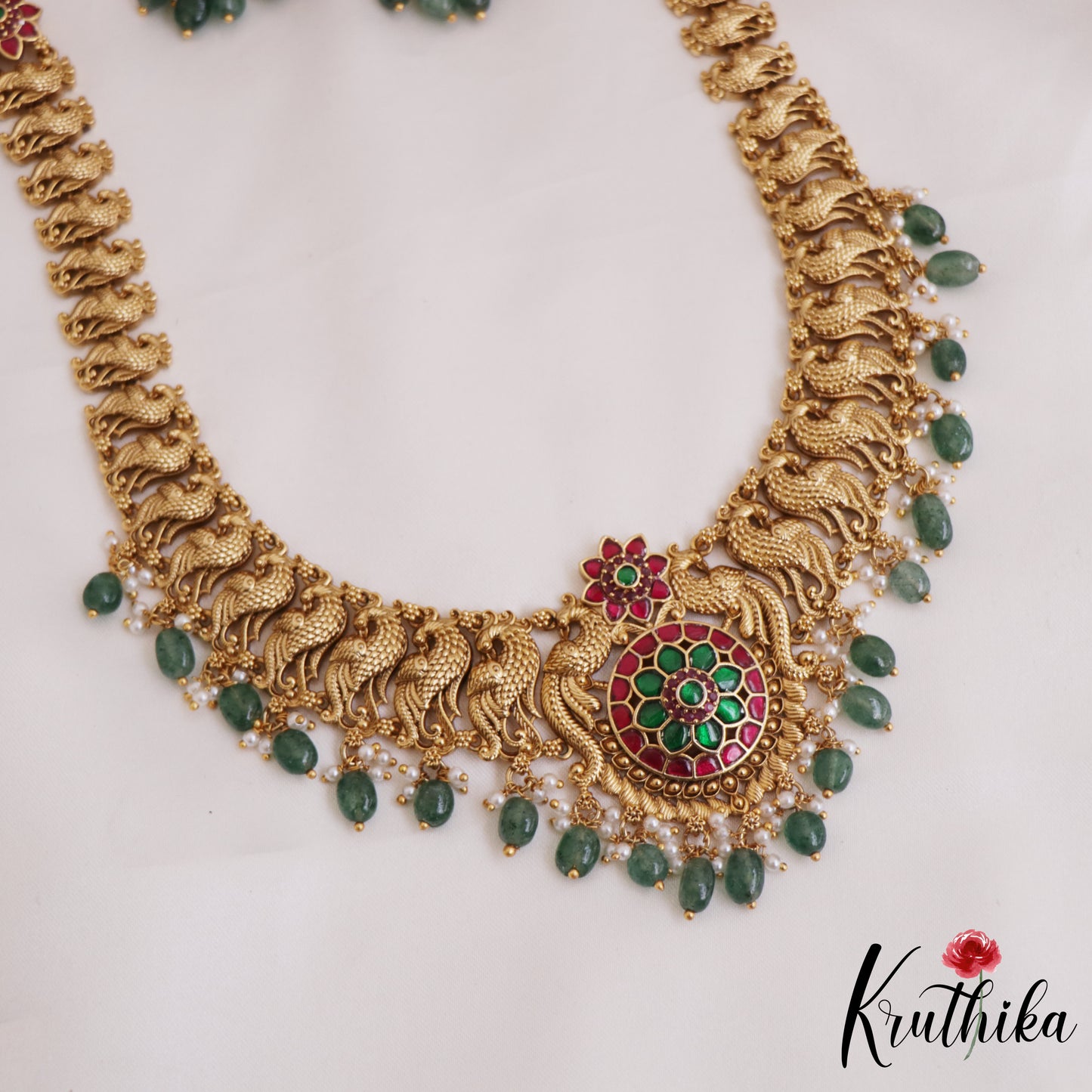 Gorgeous Antique Floral Peacock Motifs Jadau Haaram With Bead Drops LH2048 (Available In 4 Colors)