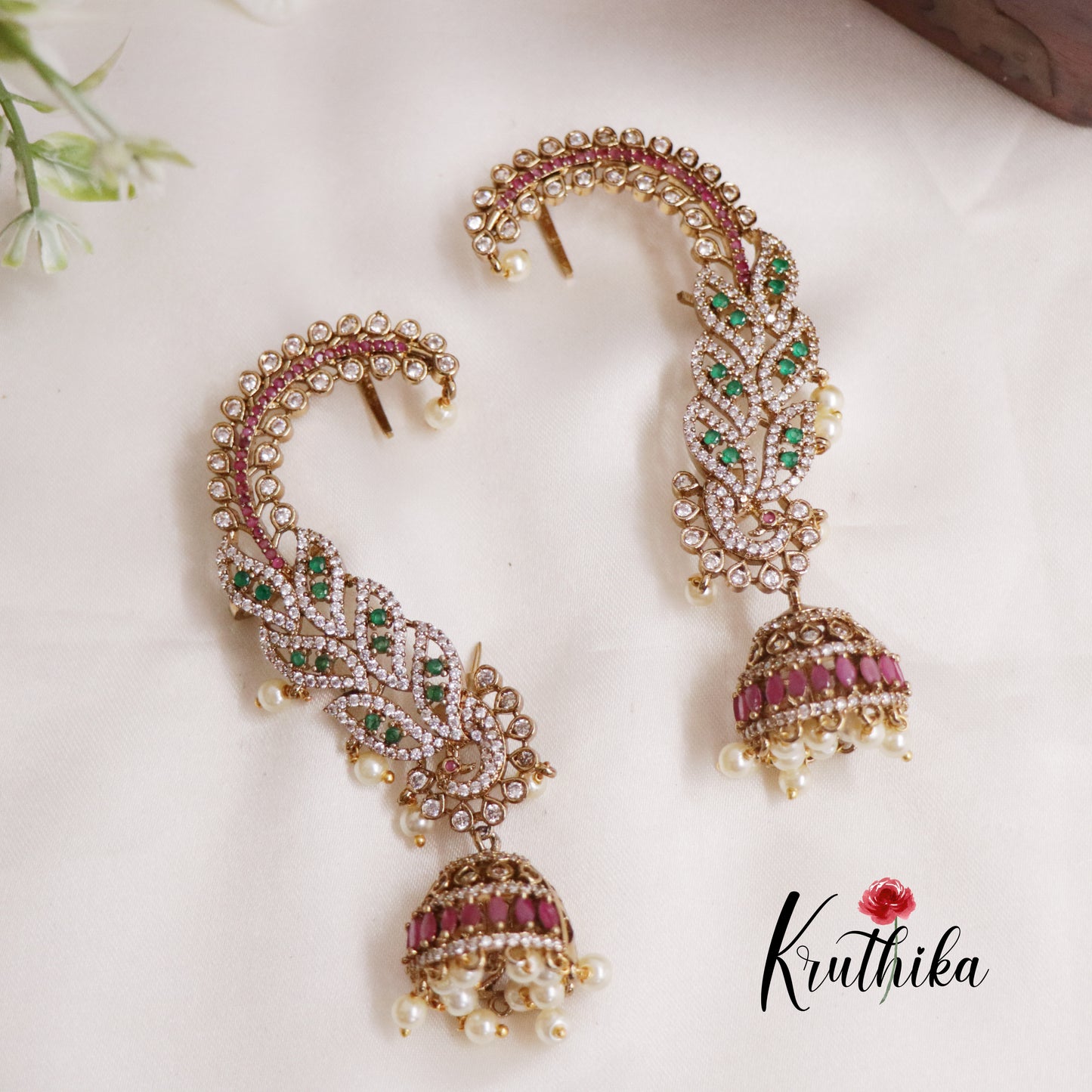 Beautiful AD Peacock Ear Cuff with Jhumka E673 (Available in 2 Colors)