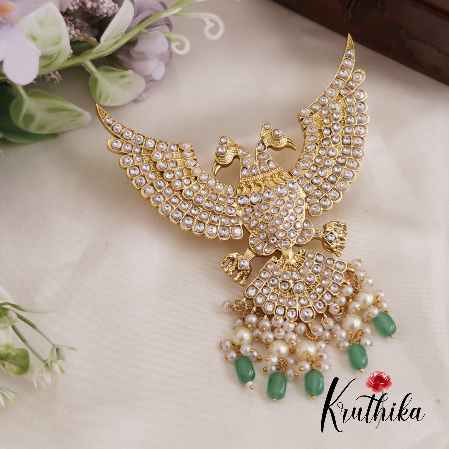 Premium Gandaberunda Jadau Pendant with Pearl And Beads Drops PS253 (Available In 2 Colors)