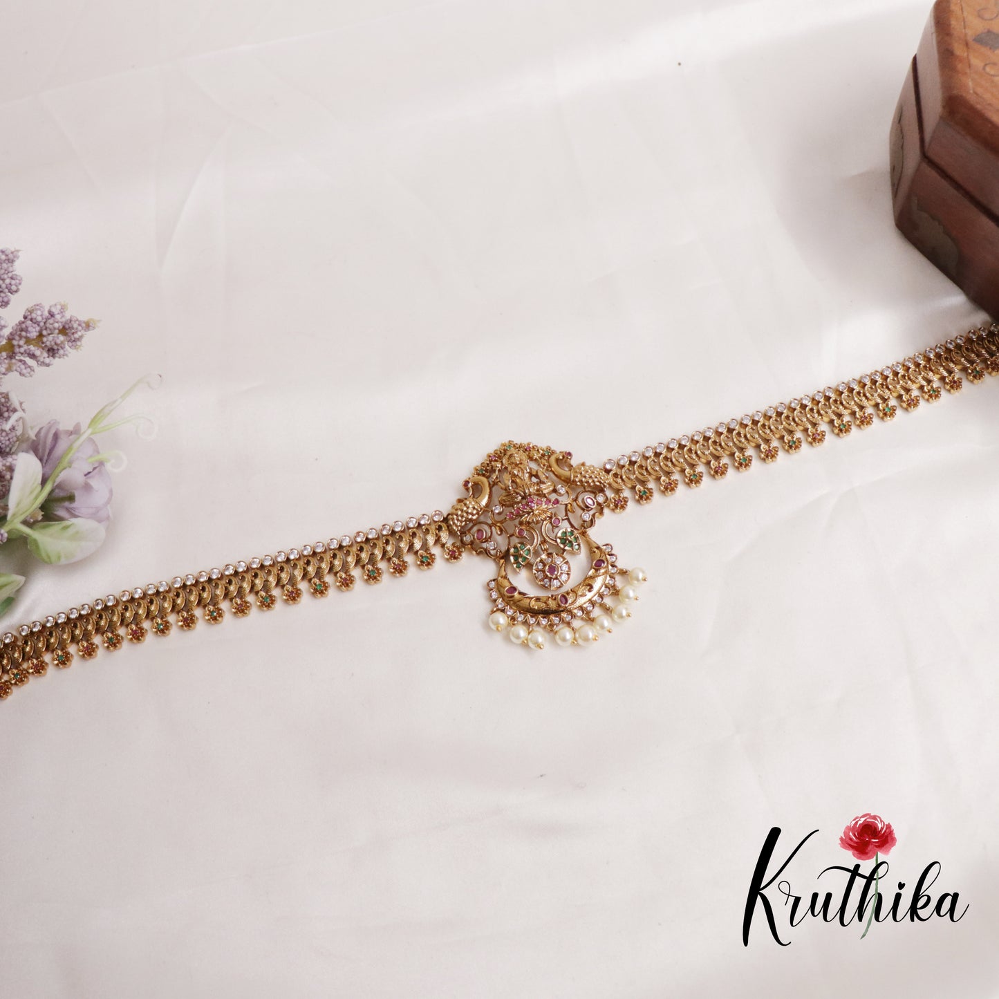Elegant Kemp Temple Lakshmi Peacock Hip Chain with Pearl Drops V307