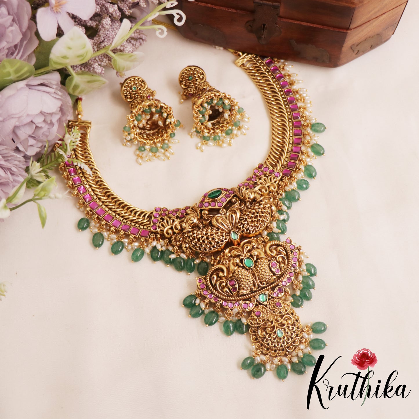 Royal Jadau peacock Jalebi style Necklace with beads NC1823 (detachable pendants)| (Available In 2 Colors)