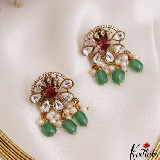 Sparkling Floral Teardrop Motifs Hasli CZ Necklace With Green Bead Drops NC3076