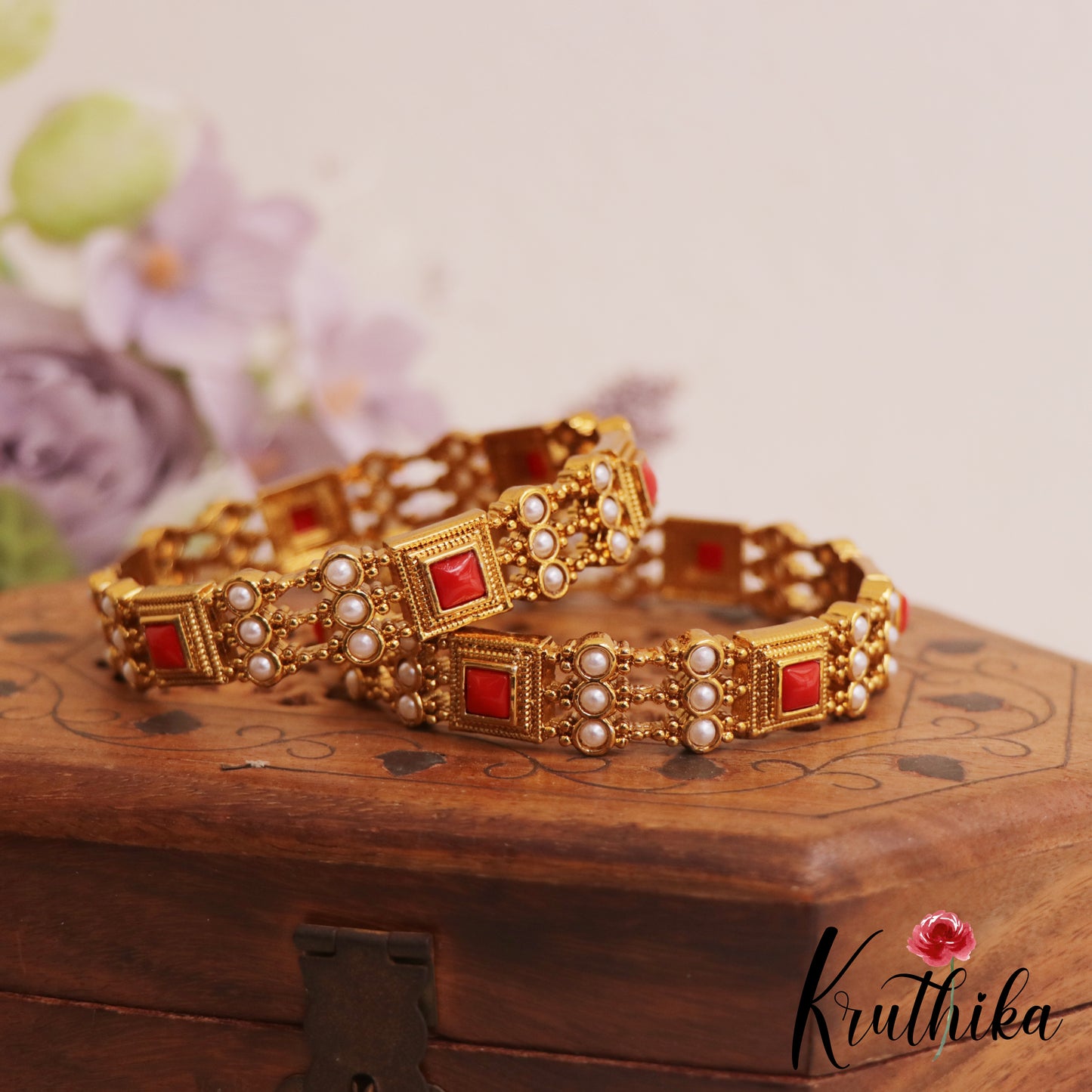Beautiful Square Motifs Gold-Tone Coral Bangles B505 (Set of 2 Bangles)
