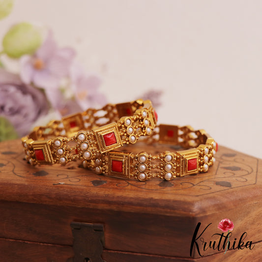 Beautiful Square Motifs Gold-Tone Coral Bangles B505 (Set of 2 Bangles)