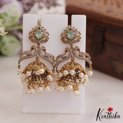 Stunning AD Peacock Jhumkas With Pearl Drops E876 (Available In 2 Colors)