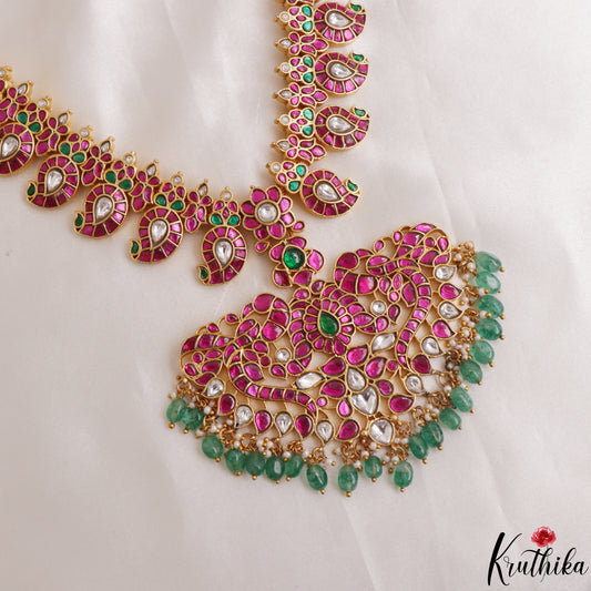 Stunning Mango Peacock Motifs Jadau Haaram With Green Bead Drops LH2145
