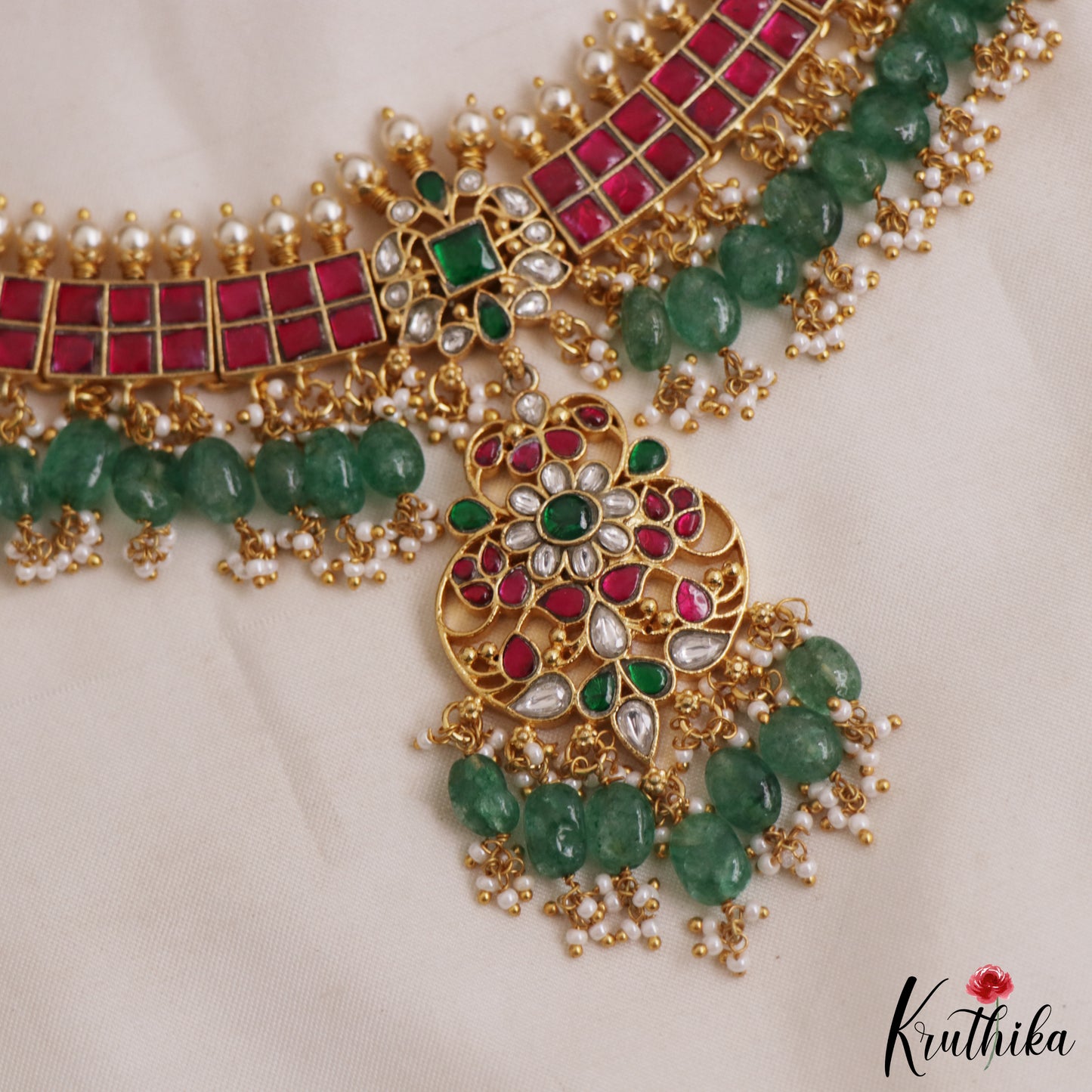 Premium Floral Motifs Jadau Choker With Green Bead Drops NC2979