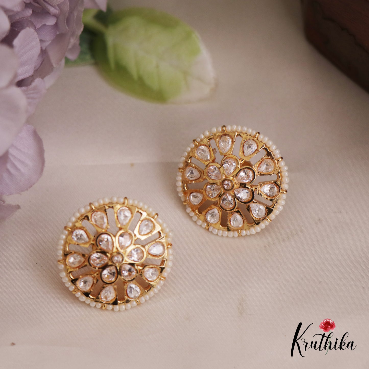 Trendy Pearl Border Floral Motifs AD Stud Earrings E991 (Available In 6 Colors)