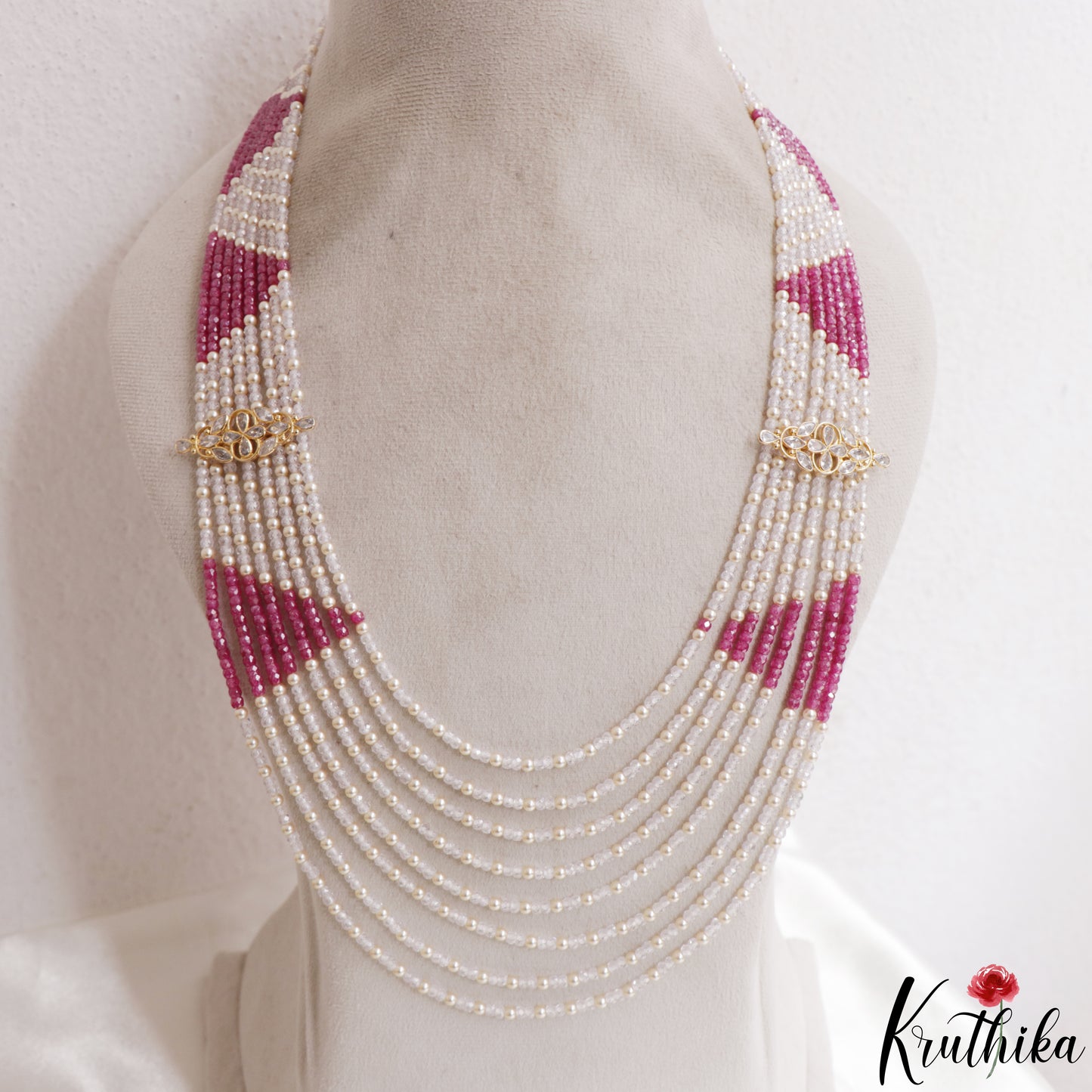 Stunning Multi Layered Crystal & Pearl Haaram With Floral Accents LH2153 (Available In 3 Colors)