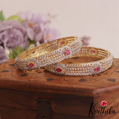 Beautiful Floral Leaf Motifs Diamond-Finish Gold-Tone Bangles B497 (Set of 2)|(Available In 2 Colors)