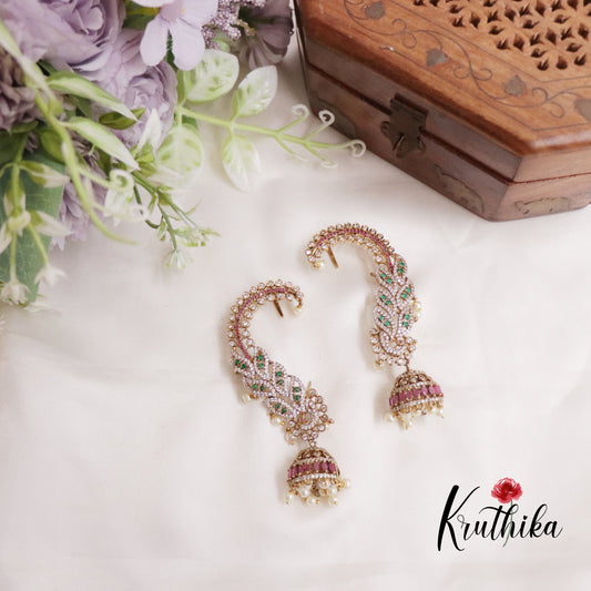 Beautiful AD Peacock Ear Cuff with Jhumka E673 (Available in 2 Colors)