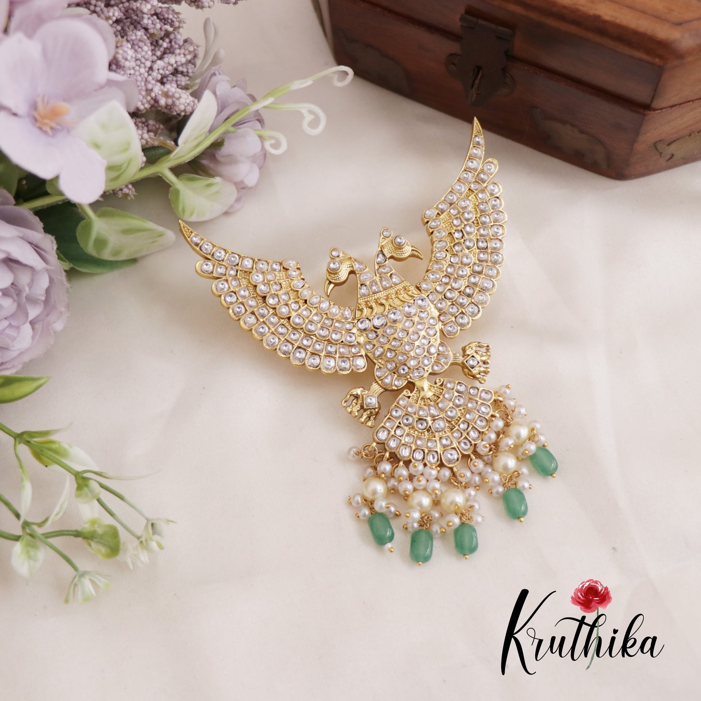 Premium Gandaberunda Jadau Pendant with Pearl And Beads Drops PS253 (Available In 2 Colors)