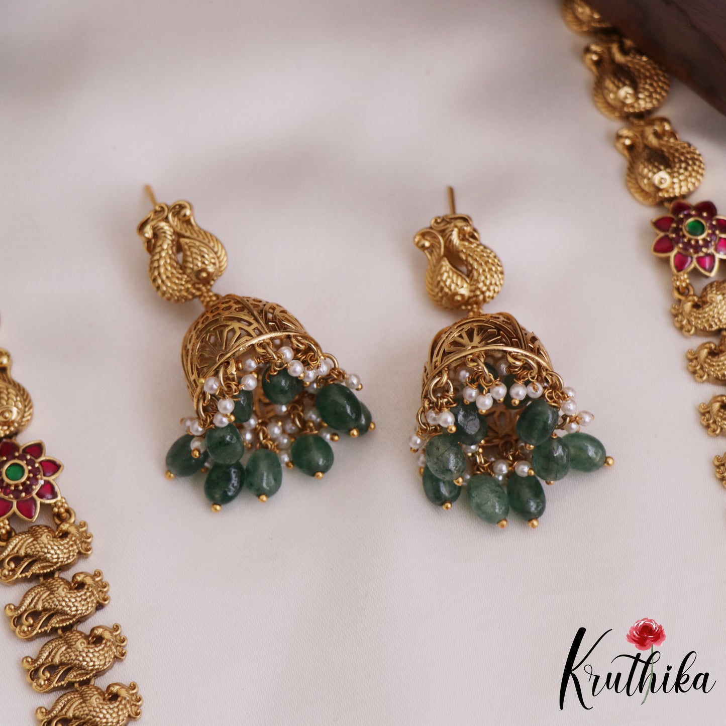 Gorgeous Antique Floral Peacock Motifs Jadau Haaram With Bead Drops LH2048 (Available In 4 Colors)