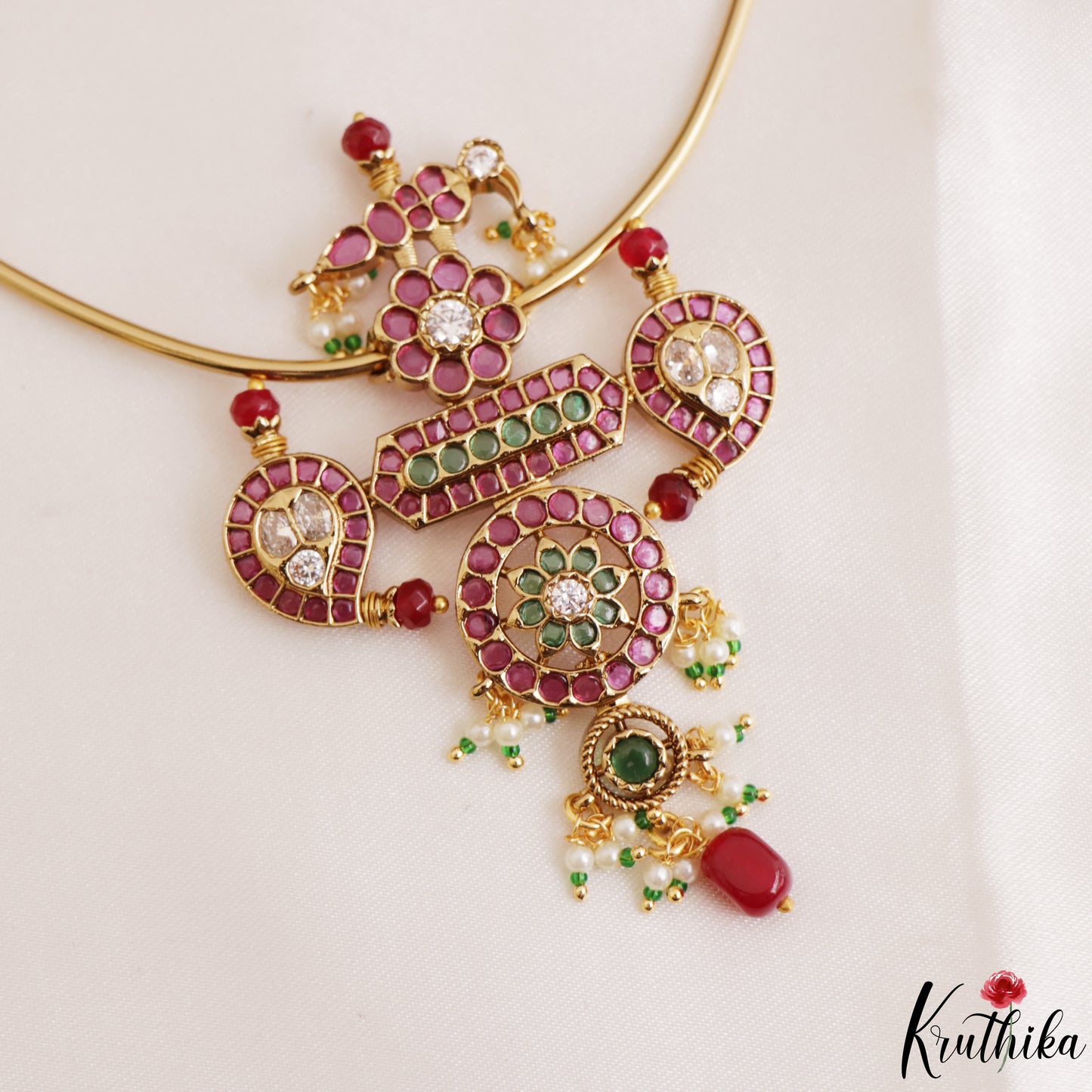 Elegant Floral Mango Motifs Kemp Hasli Choker With Pearl Bead Drops NC3259 (Available In 3 Colors)