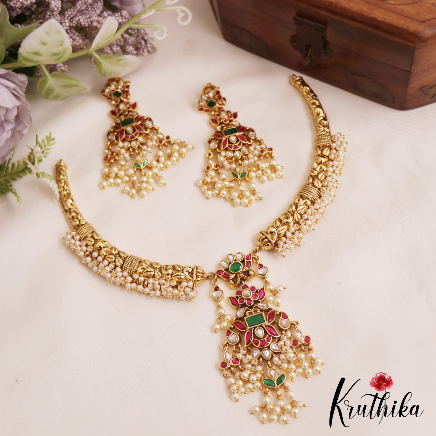Premium Antique Leaf Motifs Pearl Hangings Jadau Necklace NC2799